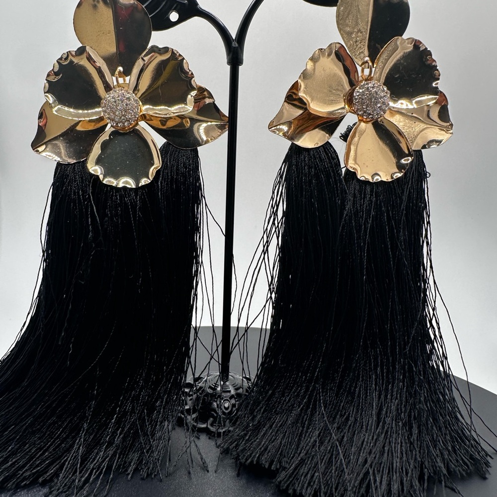 Gold Floral Earrings with Black Tassels